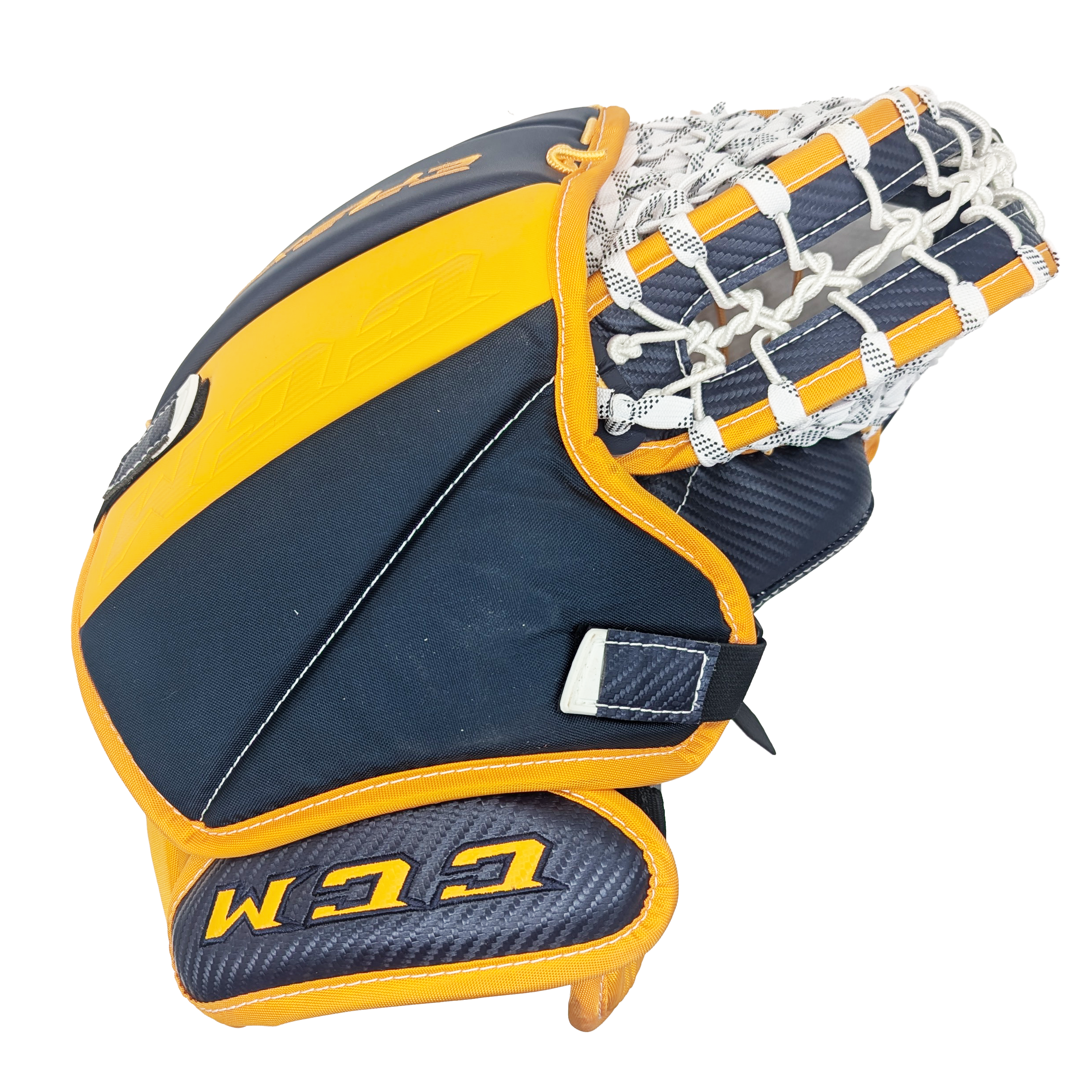 CCM Extreme Flex 5 - Nouveau gant de gardien de but Pro Stock (bleu marine/jaune/blanc)